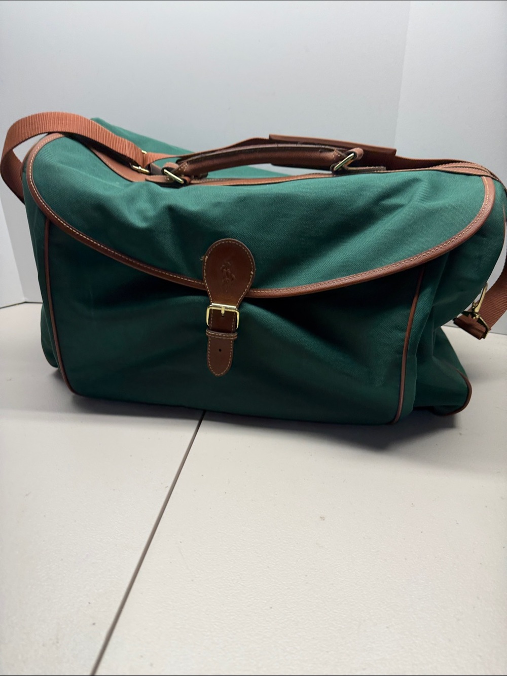 Ralph Lauren Green Canvas Messenger Bag with Brown Leather Trim.